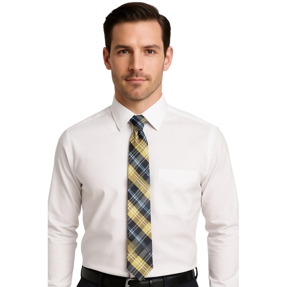 DOCKERS Necktie Men’s Navy Blue Yellow Light Blue Plaid Silk Business Classic - Picture 1 of 4